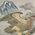 Japanese painting on silk fabric, Hawk and Mt.Fuji, ground color brown