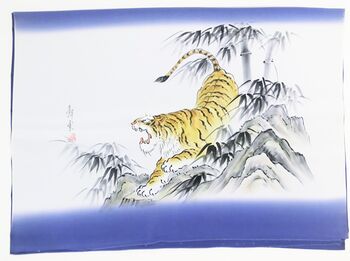 Japanese painting,Men's haori lining that use as interia , blue, hand-dyed, Tiger design from zodiac