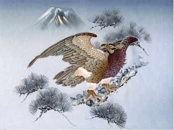 Japanese painting on silk fabric, Hawk and Mt.Fuji, ground color blue