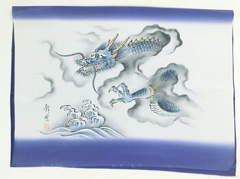 Japanese painting,Men's haori lining that can use as interia , blue, hand-dyed, Dragon design from zodiac