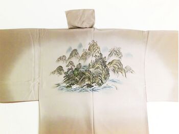 Kimono underwear Folded Yuzen male jacket label “White Mountain” ⑧Guilin Wind and Landscape brown