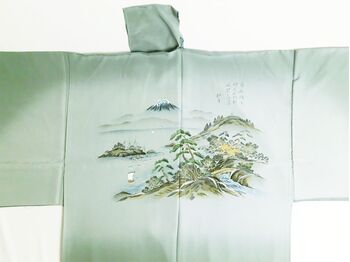 Kimono underwear hand printed landscape with mountain Fuji and boat on lakeside desin green