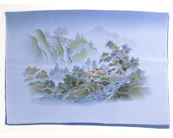 Japanese painting on silk fabric, Japanese-style landscape, waterfall and house, ground color blue