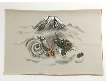 Japanese painting on silk fabric, Auspicious pattern,Mt.Fuji and Dragon, ground color brown