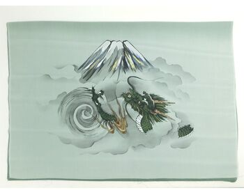 Japanese painting on silk fabric, Auspicious pattern,Mt.Fuji and Dragon, ground color green