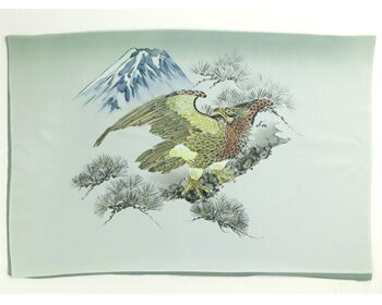 Japanese painting on silk fabric, Hawk and Mt.Fuji, ground color green