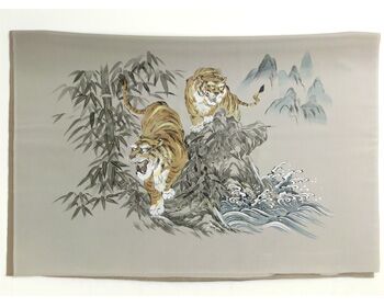 Japanese painting on silk fabric, Tigers and bamboos, ground color brown