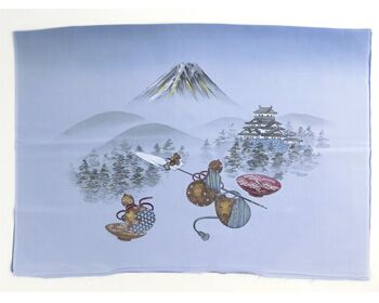 Japanese painting on silk fabric, the fortunes of war, ground color blue