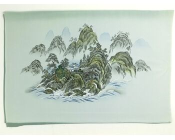 Japanese painting on silk fabric, Chinese-style landscape, Guilin, ground color green