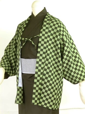 Washable checkered haori lining made to order from green, gray, and mustard