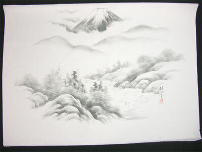 男女両用正絹額裏 白地に墨絵 手描き 富士と松林