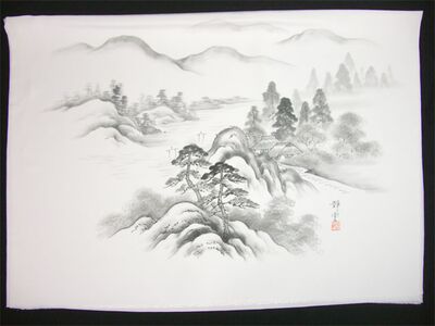 男女両用正絹額裏 白地に墨絵 手描き 山水 松と家2