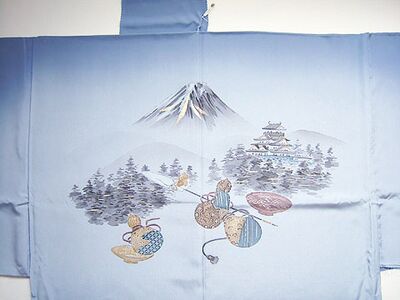 摺り友禅男襦袢　「白山」　⑦富士山に城 青系