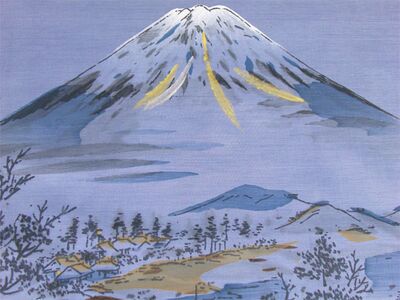 Washable men's japanese picture lining for haori No.11 Mt. Fuji and a sailboat, blue-gray/Kanebo Soafuru