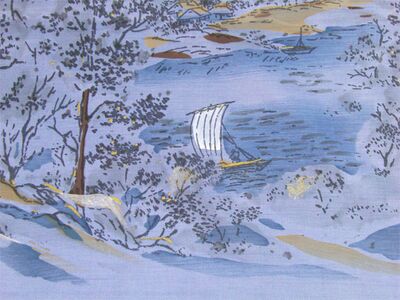 Washable men's japanese picture lining for haori No.11 Mt. Fuji and a sailboat, blue-gray/Kanebo Soafuru