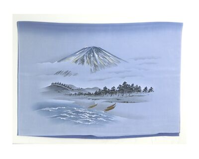 男物 額裏 青グレー 山水 富士山と船 「白山」ブランド