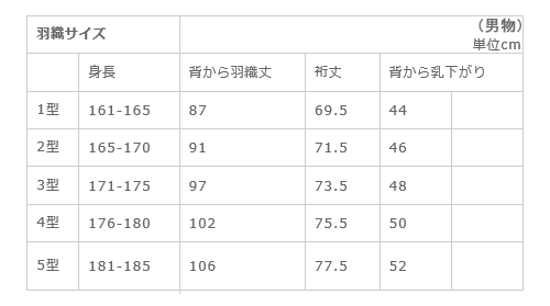 men's haori size chart