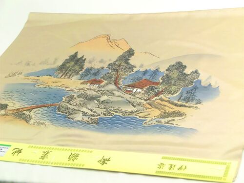 Japanese picture Washable men's kimono, framed lining No.8 House by the lake, light brown