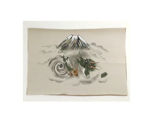 Japanese painting on silk fabric, Auspicious pattern,Mt.Fuji and Dragon, ground color brown