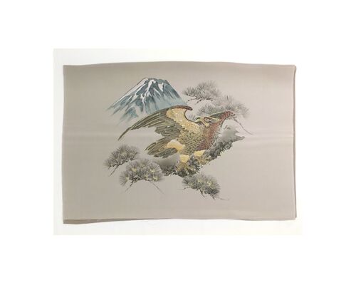 Japanese painting on silk fabric, Hawk and Mt.Fuji, ground color brown