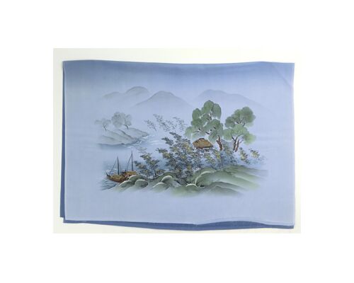 Japanese painting on silk fabric, Japanese-style landscape, house and boats at lakeside, ground color blue