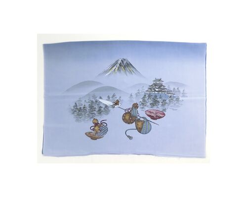 Japanese painting on silk fabric, the fortunes of war, ground color blue