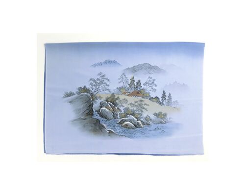 Japanese painting on silk fabric, Japanese-style landscape,mountain and mountain stream, ground color blue