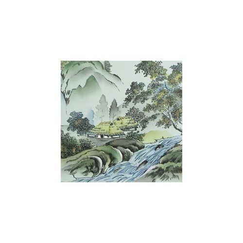 Japanese painting on silk fabric, Japanese-style landscape, waterfall and house, ground color green