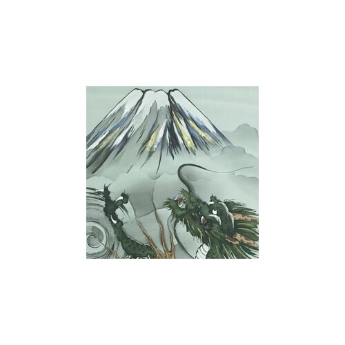 Japanese painting on silk fabric, Auspicious pattern,Mt.Fuji and Dragon, ground color green